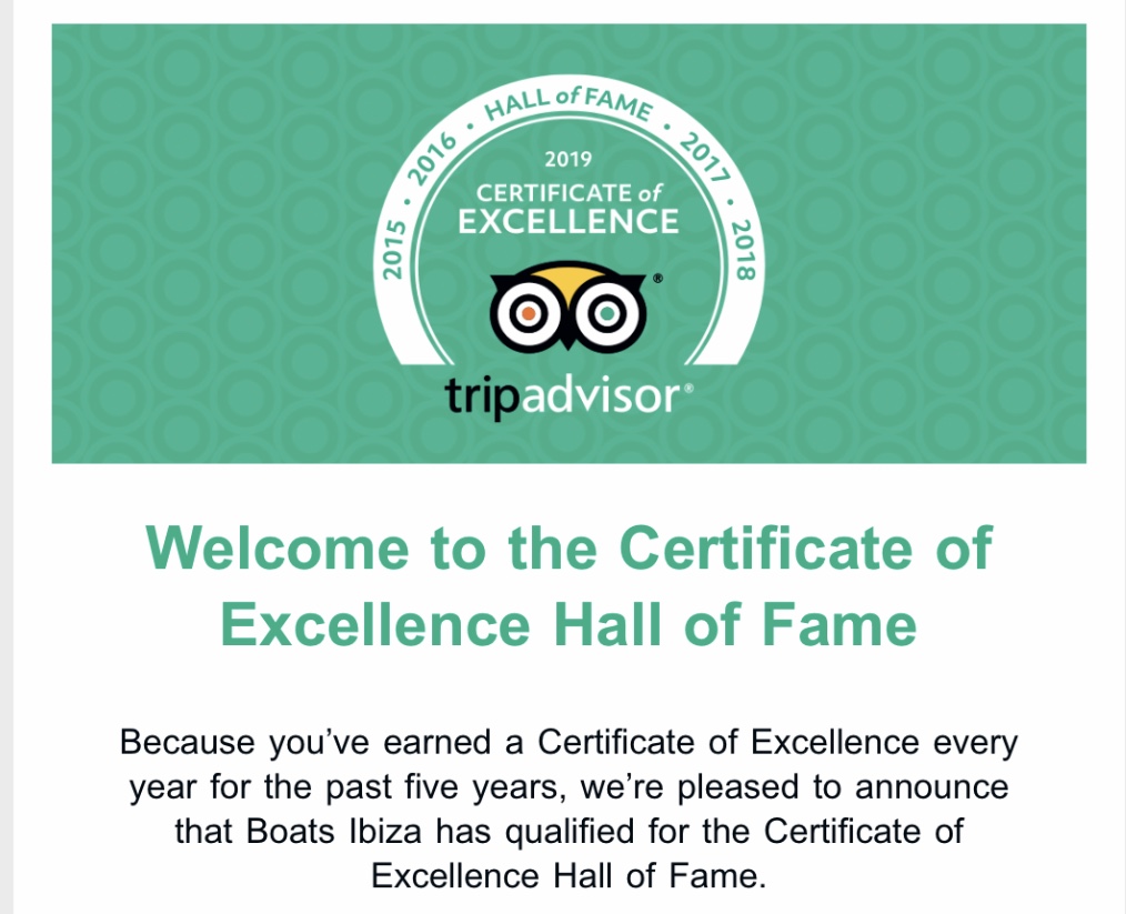 Boats Ibiza in 2019 Trip Advisor Hall of Fame